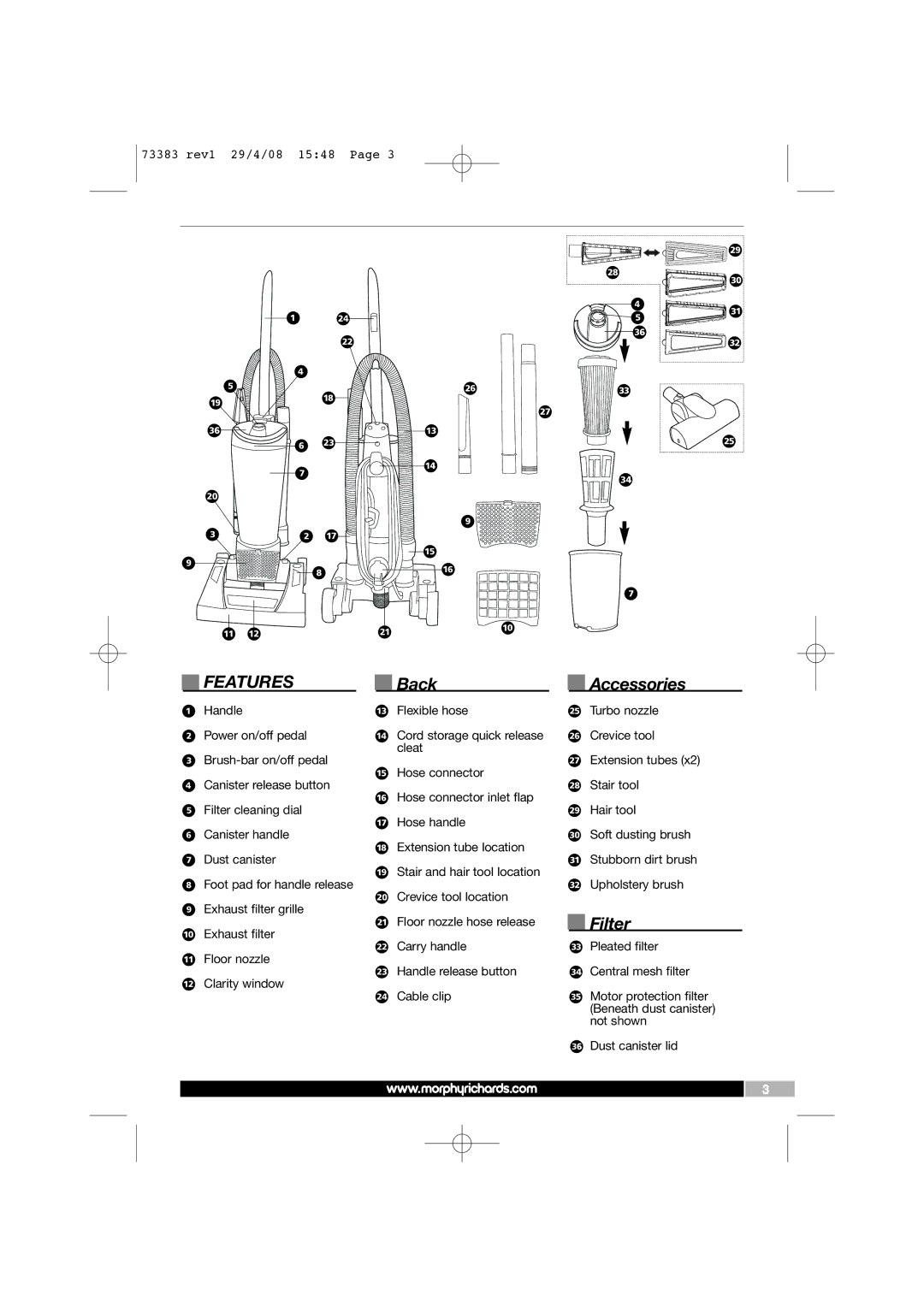 Morphy Richards 73383 manual Features, Back Accessories, Filter 