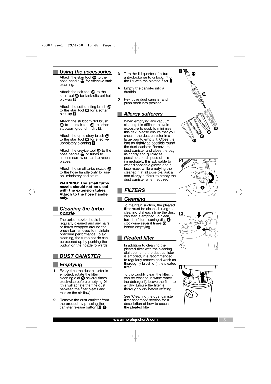 Morphy Richards 73383 manual Dust Canister, Filters 