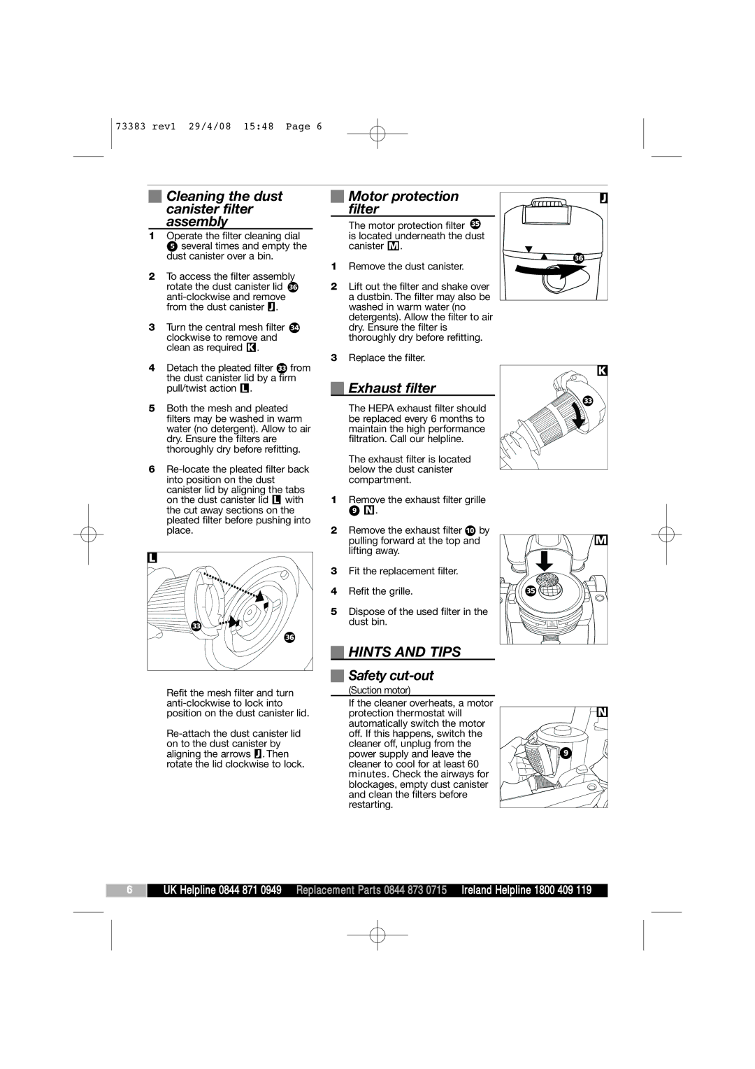 Morphy Richards 73383 Cleaning the dust canister filter assembly, Motor protection filter, Exhaust filter, Hints and Tips 