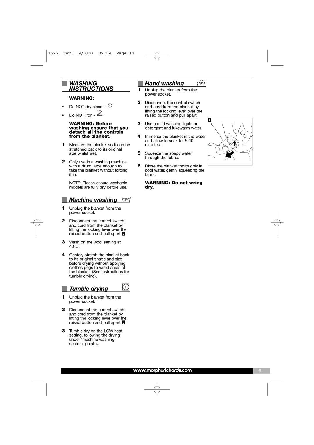 Morphy Richards 75263 manual Washing, Hand washing, Instructions, Tumble drying 