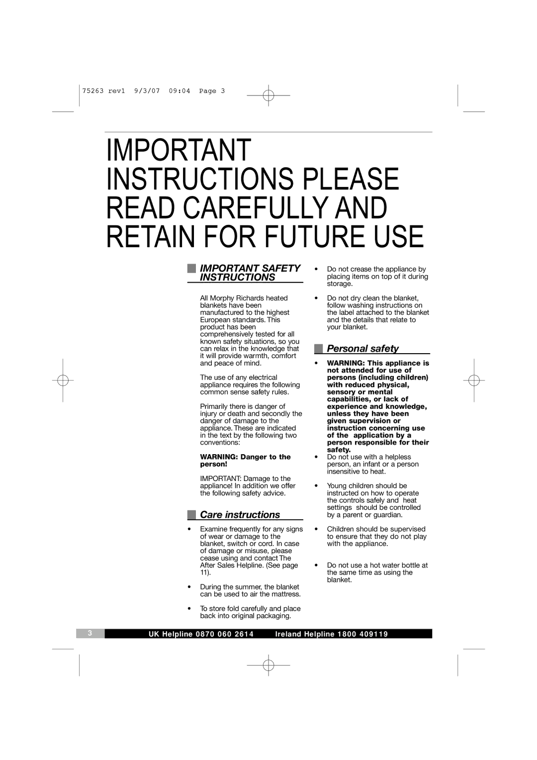 Morphy Richards 75263 manual Care instructions, Personal safety 