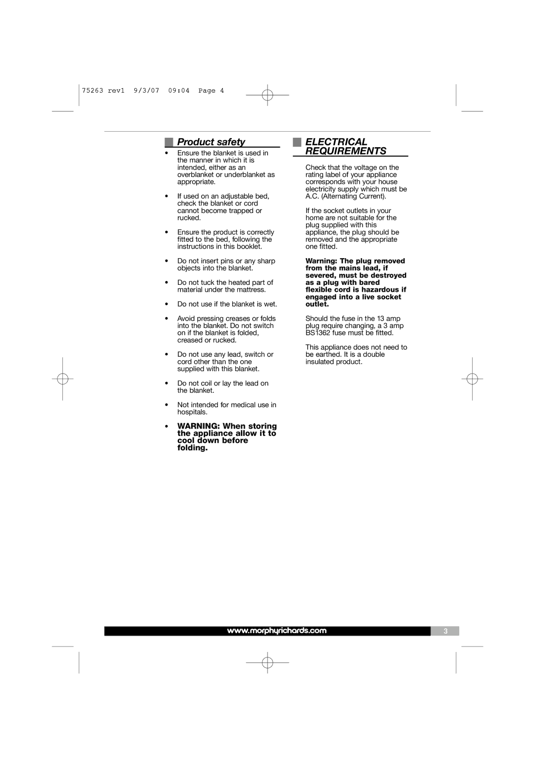 Morphy Richards 75263 manual Product safety, Electrical Requirements 