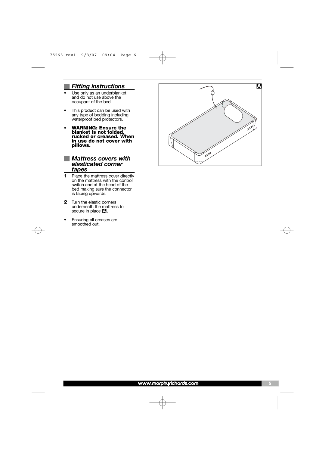 Morphy Richards 75263 manual Fitting instructions, Mattress covers with elasticated corner tapes 