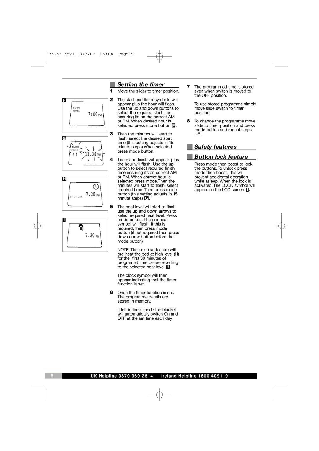 Morphy Richards 75263 manual Setting the timer, Safety features Button lock feature 