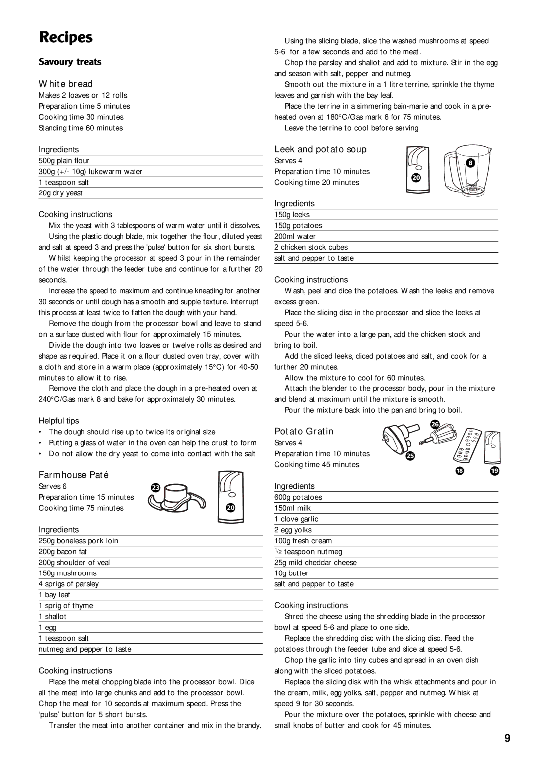 Morphy Richards 760 manual Recipes, White bread, Leek and potato soup, Farmhouse Paté, Potato Gratin 