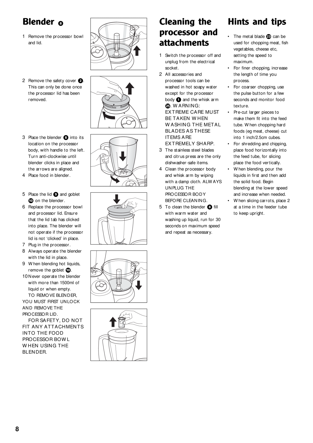 Morphy Richards 760 manual Blender ·, Hints and tips, Cleaning the processor and attachments 