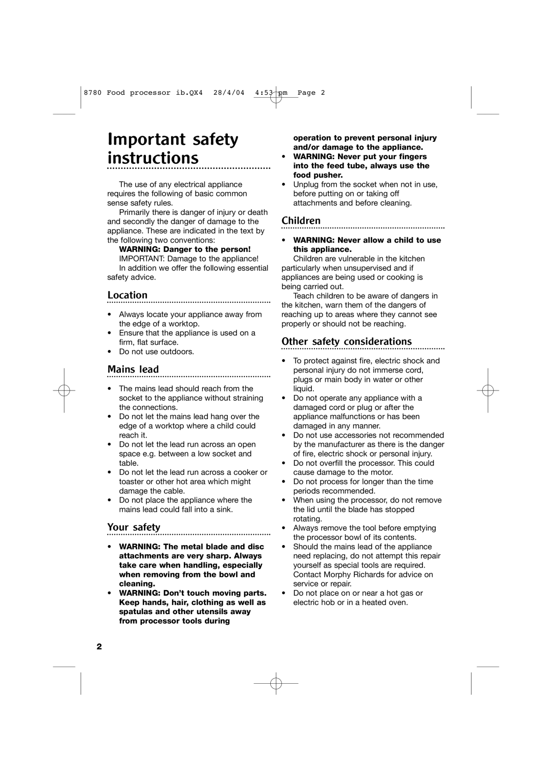 Morphy Richards 8780 manual Important safety instructions 