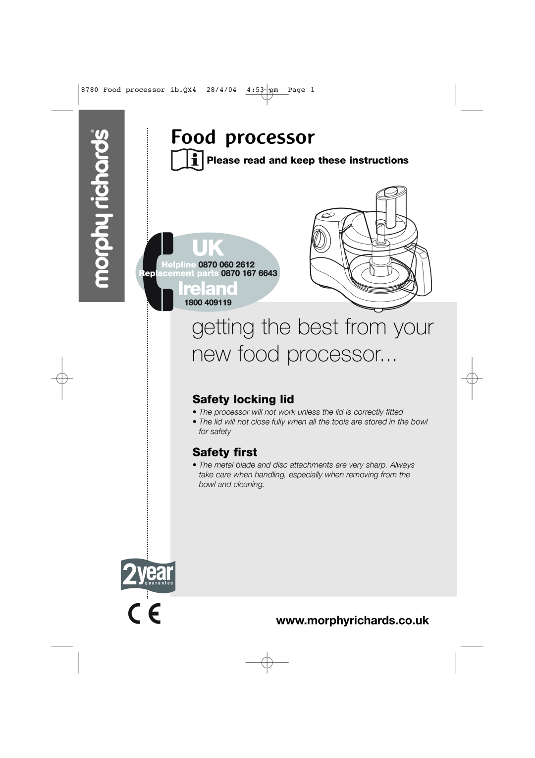 Morphy Richards 8780 manual getting the best from your new food processor, Food processor, Safety locking lid 