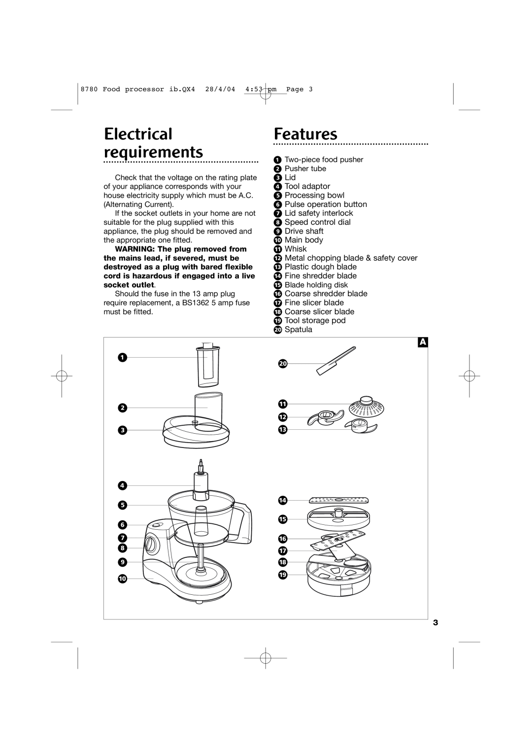 Morphy Richards 8780 manual Electrical requirements, Features 