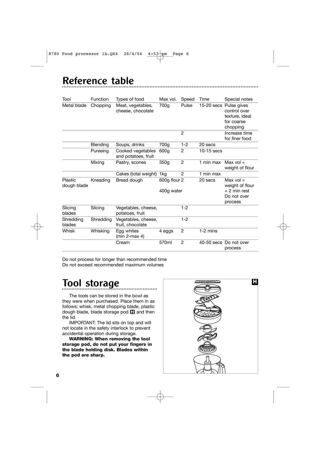 Morphy Richards 8780 manual Reference table, Tool storage 