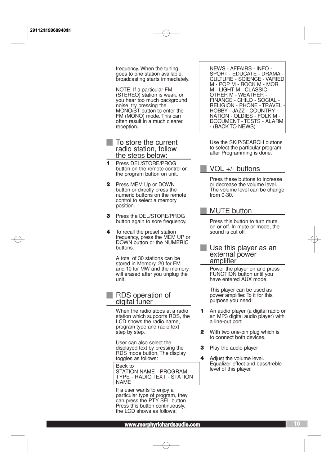 Morphy Richards AD29112 manual To store the current radio station, follow the steps below, RDS operation of digital tuner 