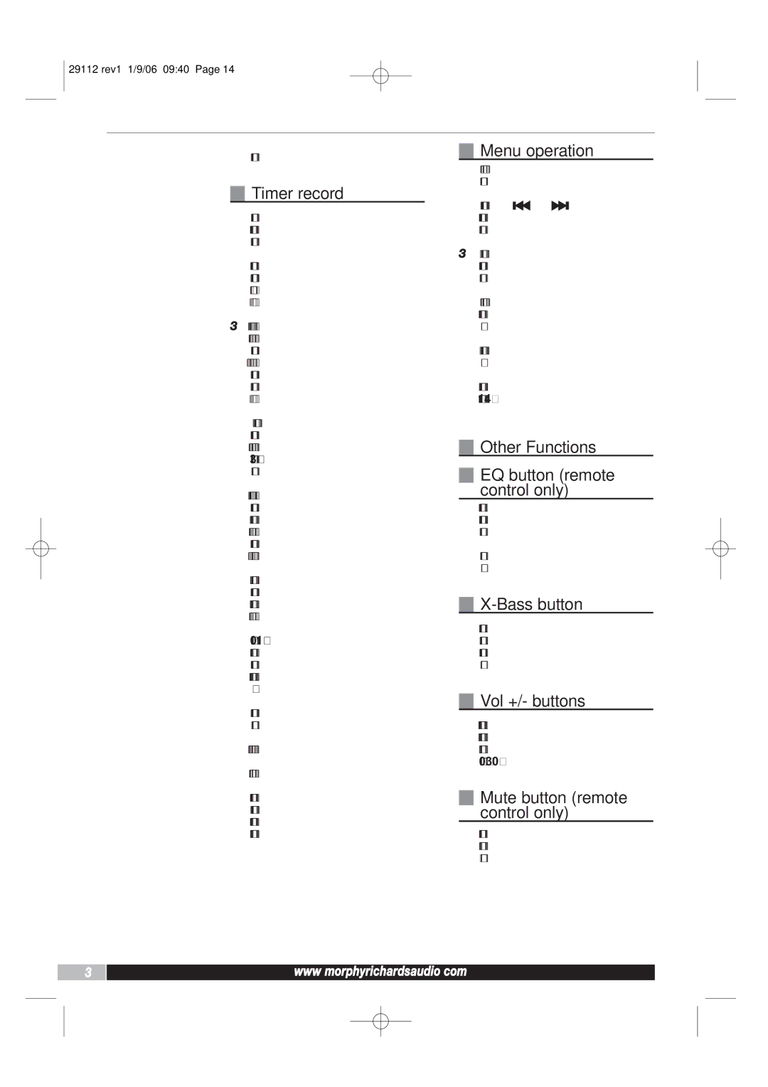 Morphy Richards AD29112 manual Timer record, Menu operation, Other Functions EQ button remote control only, Bass button 