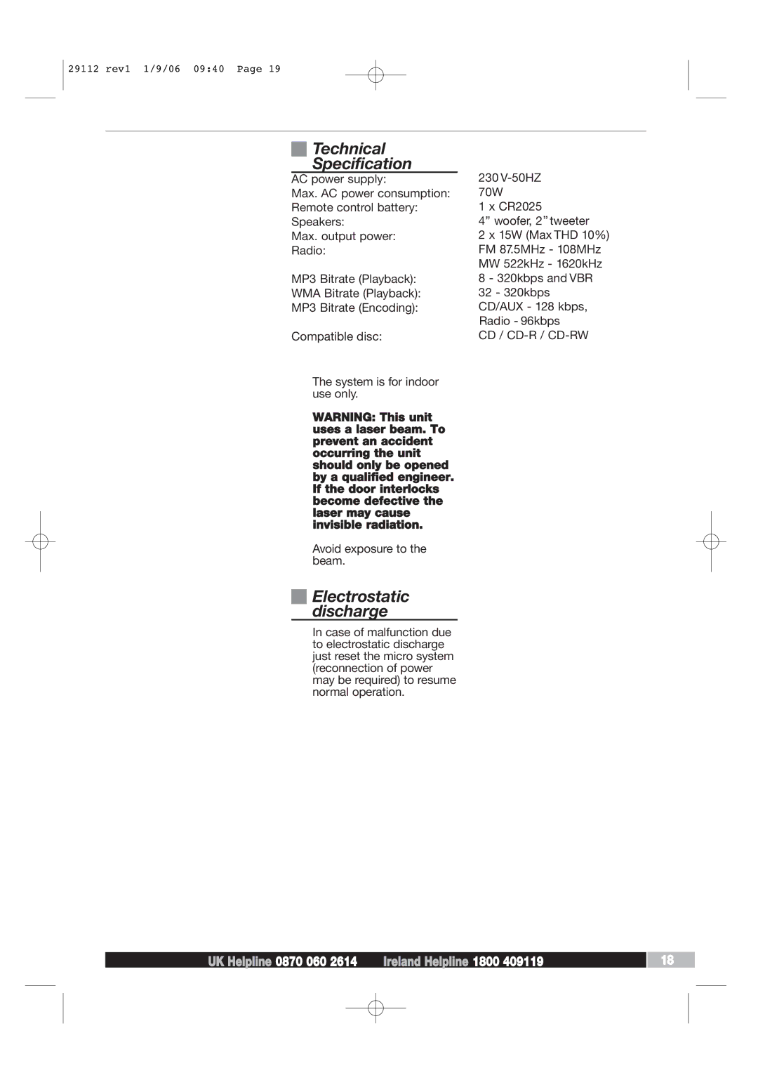 Morphy Richards AD29112 manual Technical Specification, Electrostatic discharge 