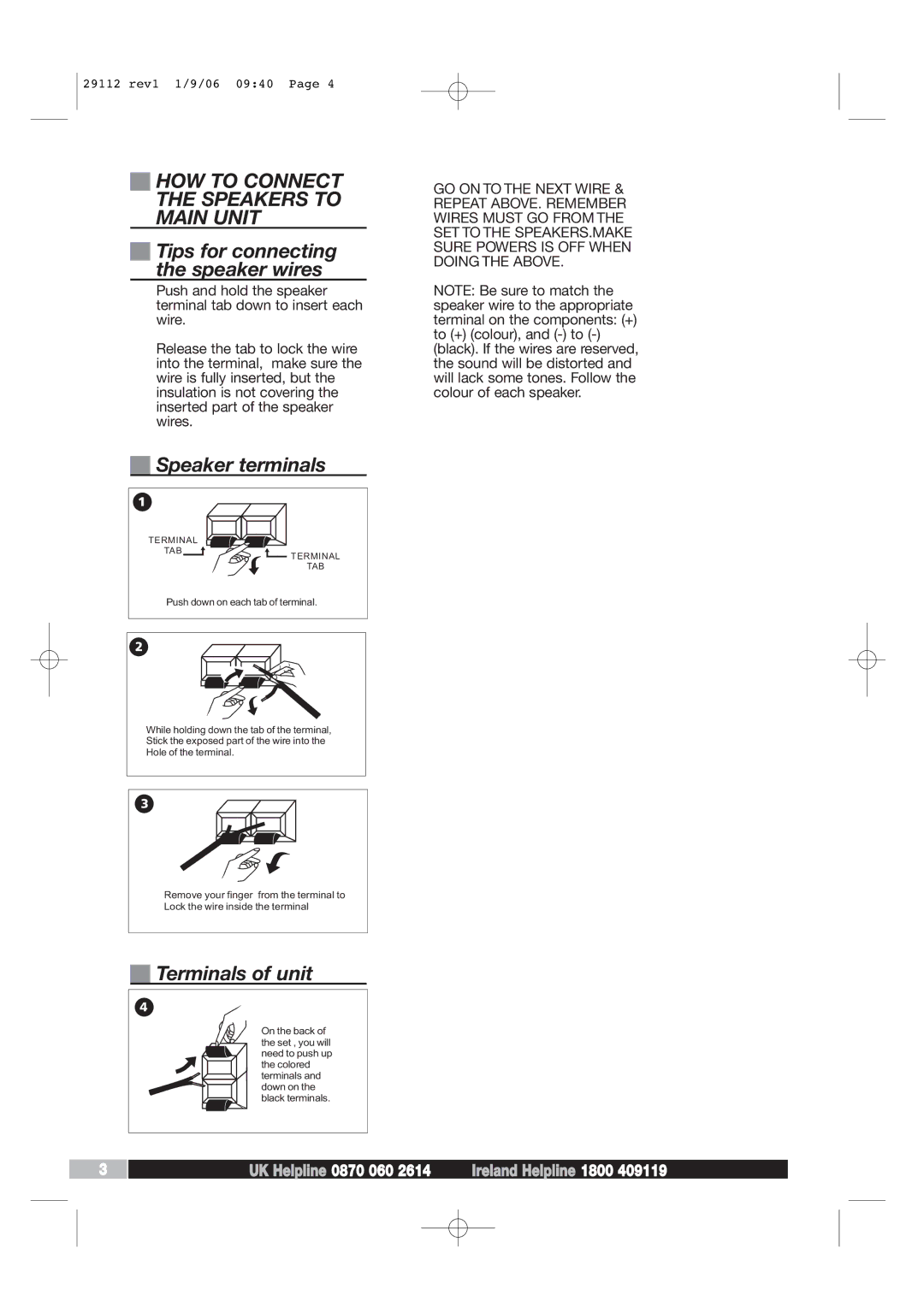 Morphy Richards AD29112 HOW to Connect the Speakers to Main Unit, Tips for connecting the speaker wires, Speaker terminals 