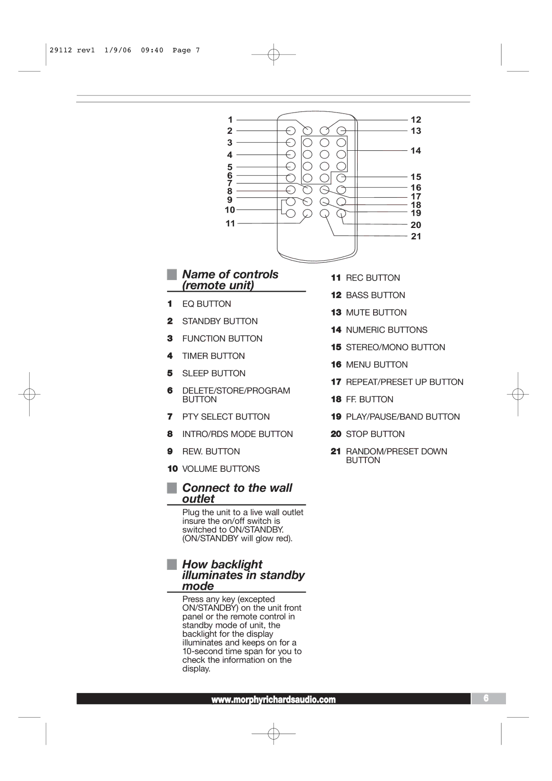 Morphy Richards AD29112 manual Name of controls remote unit, Connect to the wall outlet 