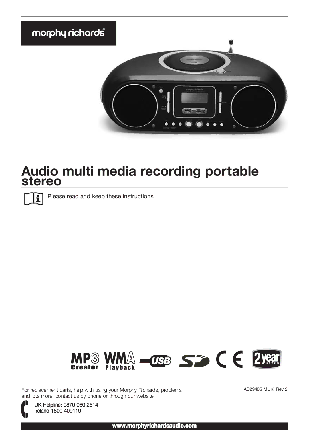 Morphy Richards AD29405 manual Audio multi media recording portable stereo 