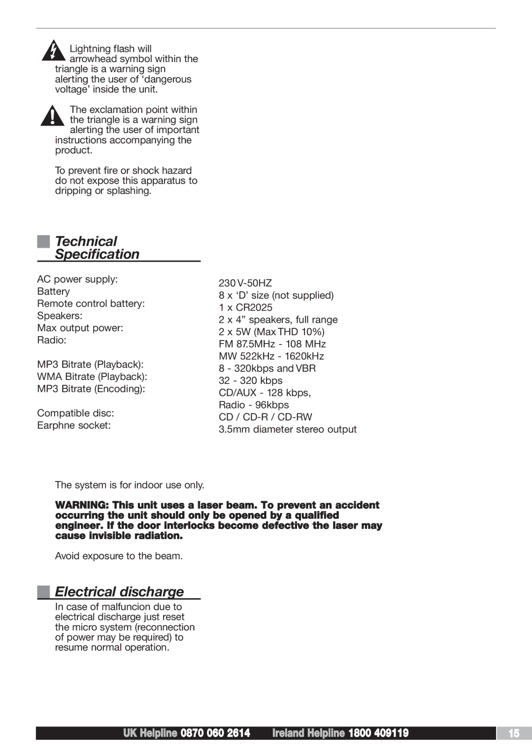 Morphy Richards AD29405 manual Technical Specification, Electrical discharge 