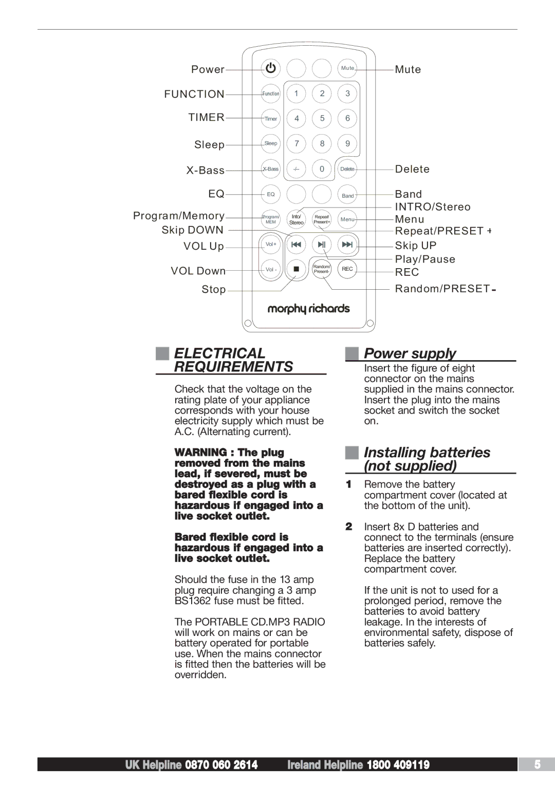 Morphy Richards AD29405 manual Electrical, Power supply, Requirements, Installing batteries, Not supplied 