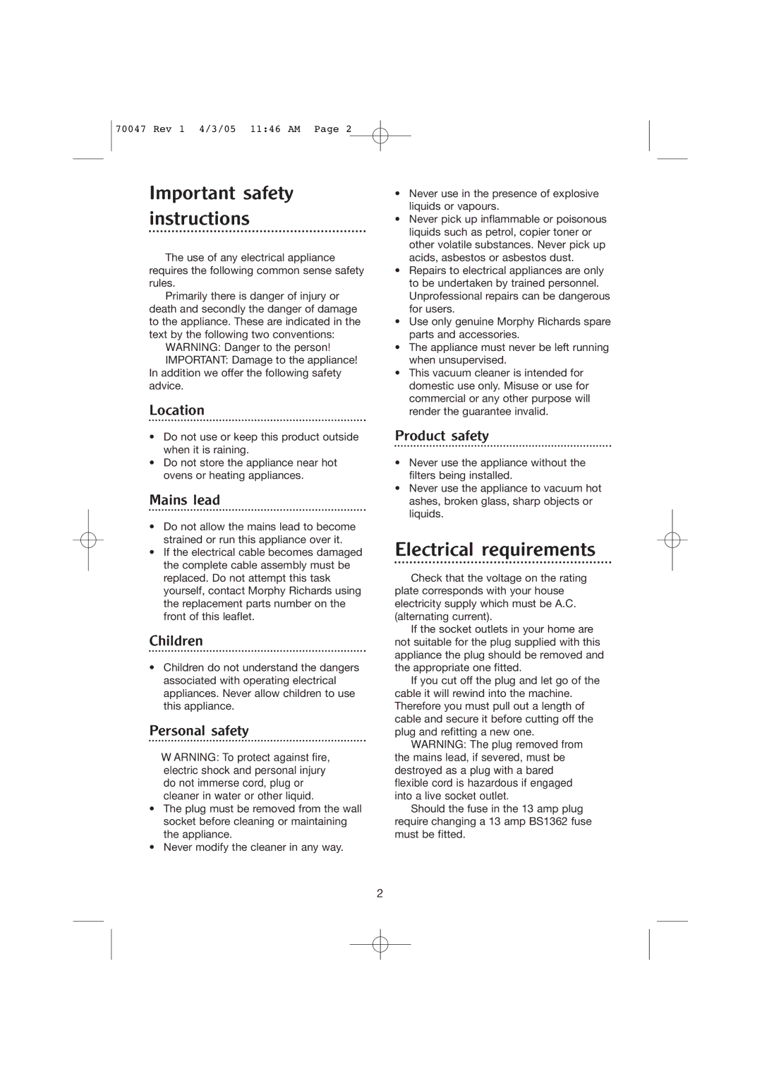 Morphy Richards Allergy cylinder vacuum cleaner manual Location, Mains lead, Children, Personal safety, Product safety 