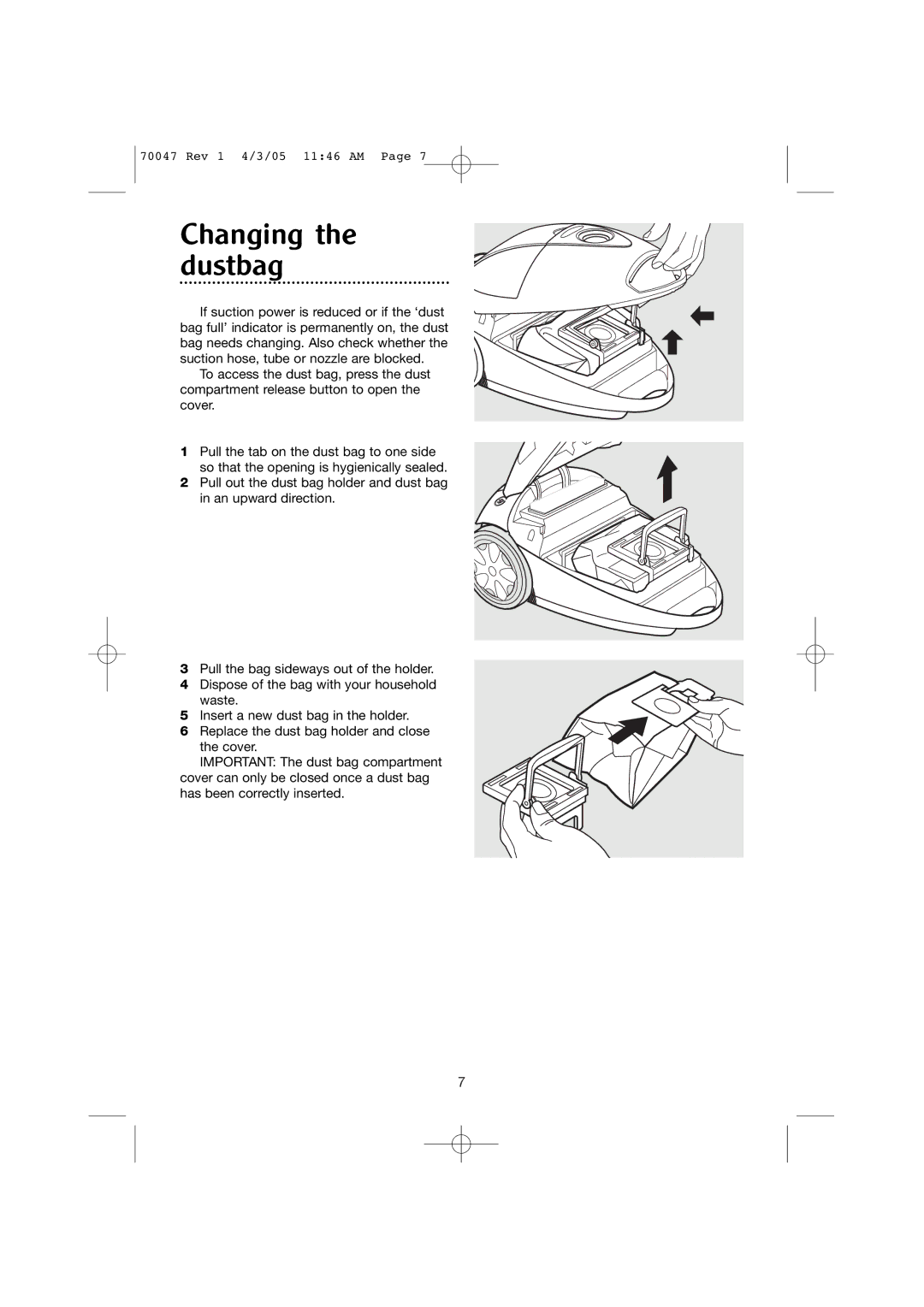 Morphy Richards Allergy cylinder vacuum cleaner manual Changing the dustbag 