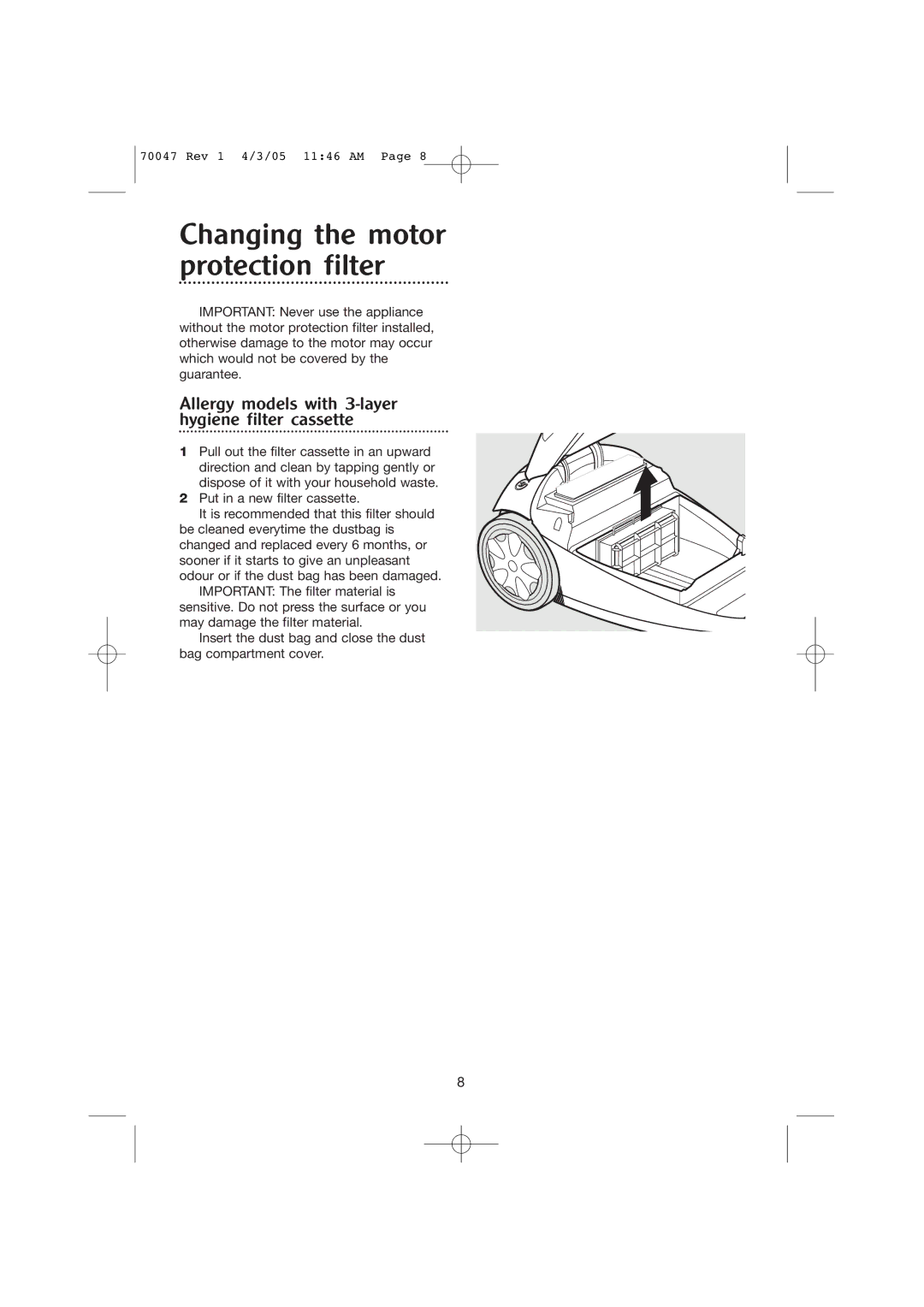 Morphy Richards Allergy cylinder vacuum cleaner manual Changing the motor protection filter 