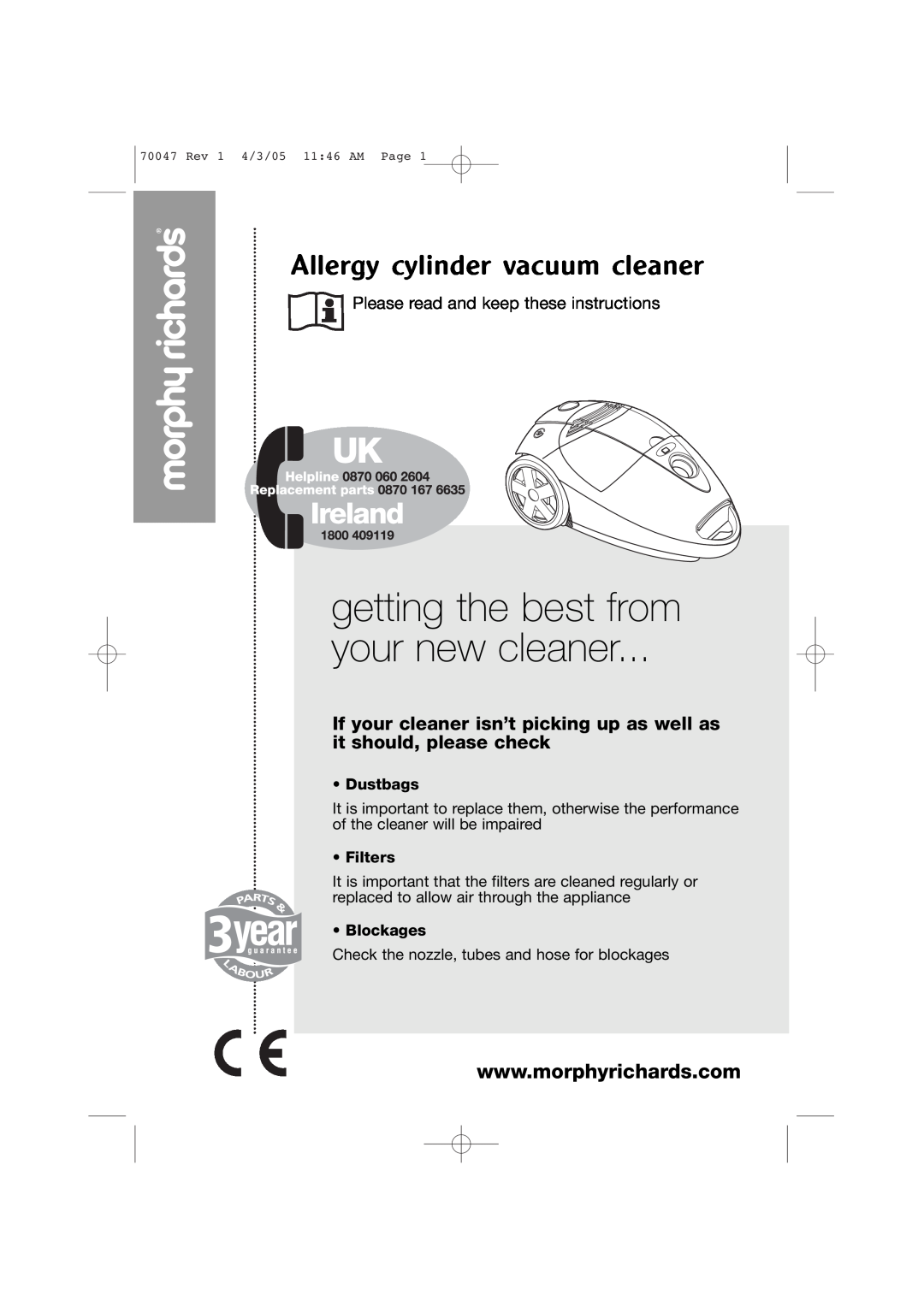 Morphy Richards Allergy cylinder vacuum cleaner manual getting the best from your new cleaner, Dustbags, Filters 