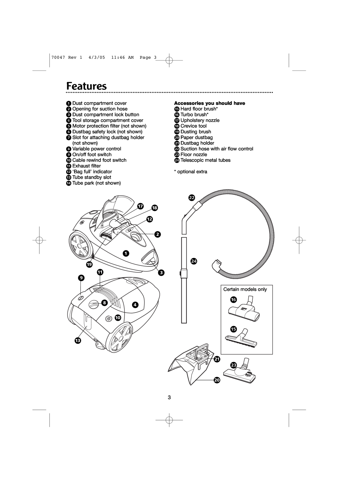 Morphy Richards Allergy cylinder vacuum cleaner manual Features, ‚ · › „ Ê Ó Ì, È Ë  