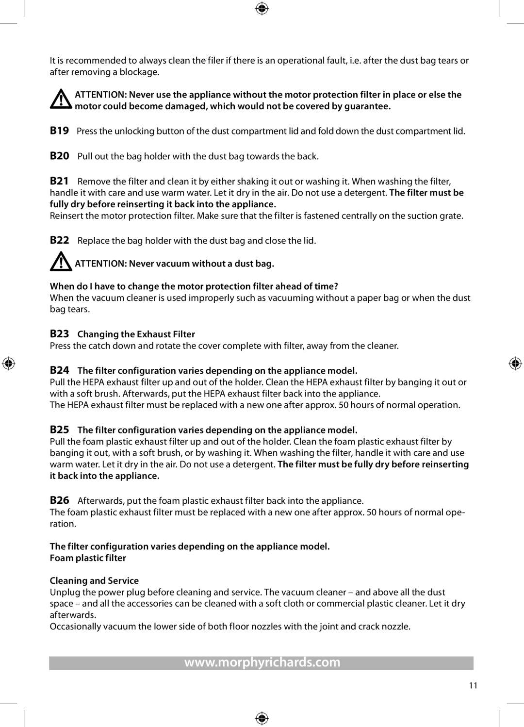 Morphy Richards Bagged cylinder Vacuum operating instructions B23 Changing the Exhaust Filter 