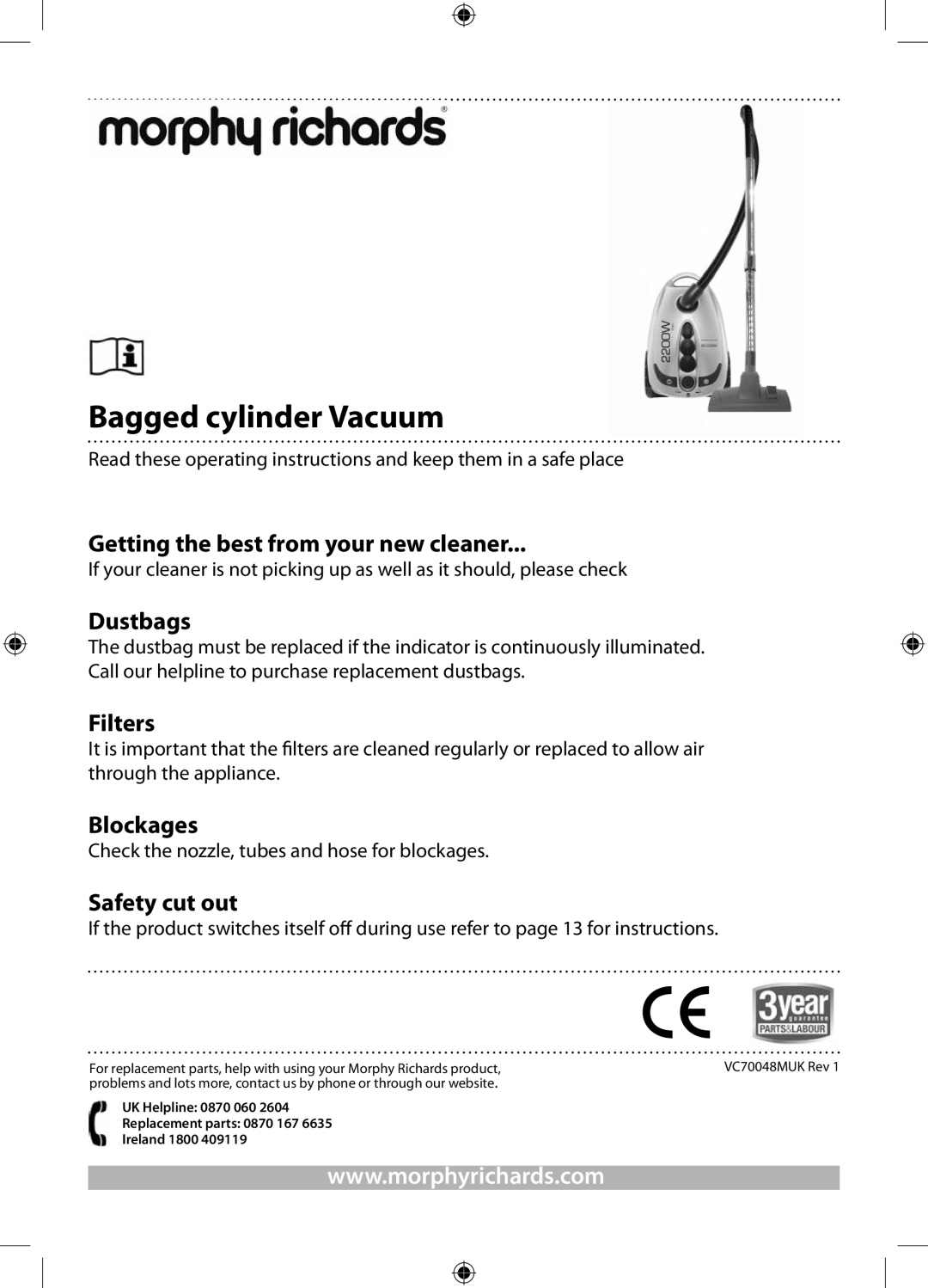 Morphy Richards Bagged cylinder Vacuum operating instructions Getting the best from your new cleaner, Dustbags, Filters 