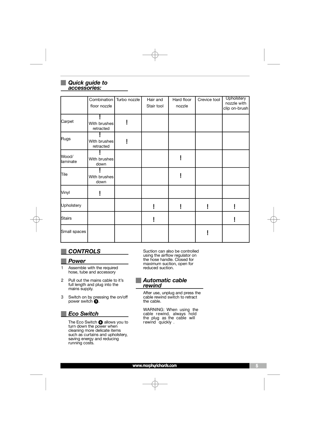 Morphy Richards Bagless Cylinder Vacuum Cleaner manual Quick guide to accessories, Controls, Power, Eco Switch 