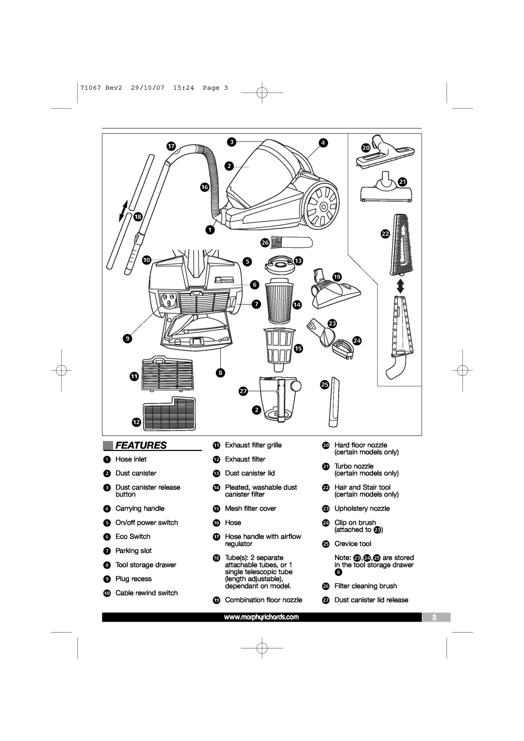 Morphy Richards Bagless Cylinder Vacuum Cleaner manual Features 