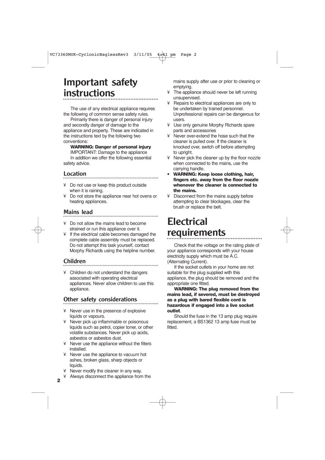 Morphy Richards Bagless Vacuum Cleaner manual Important safety instructions, Electrical requirements 