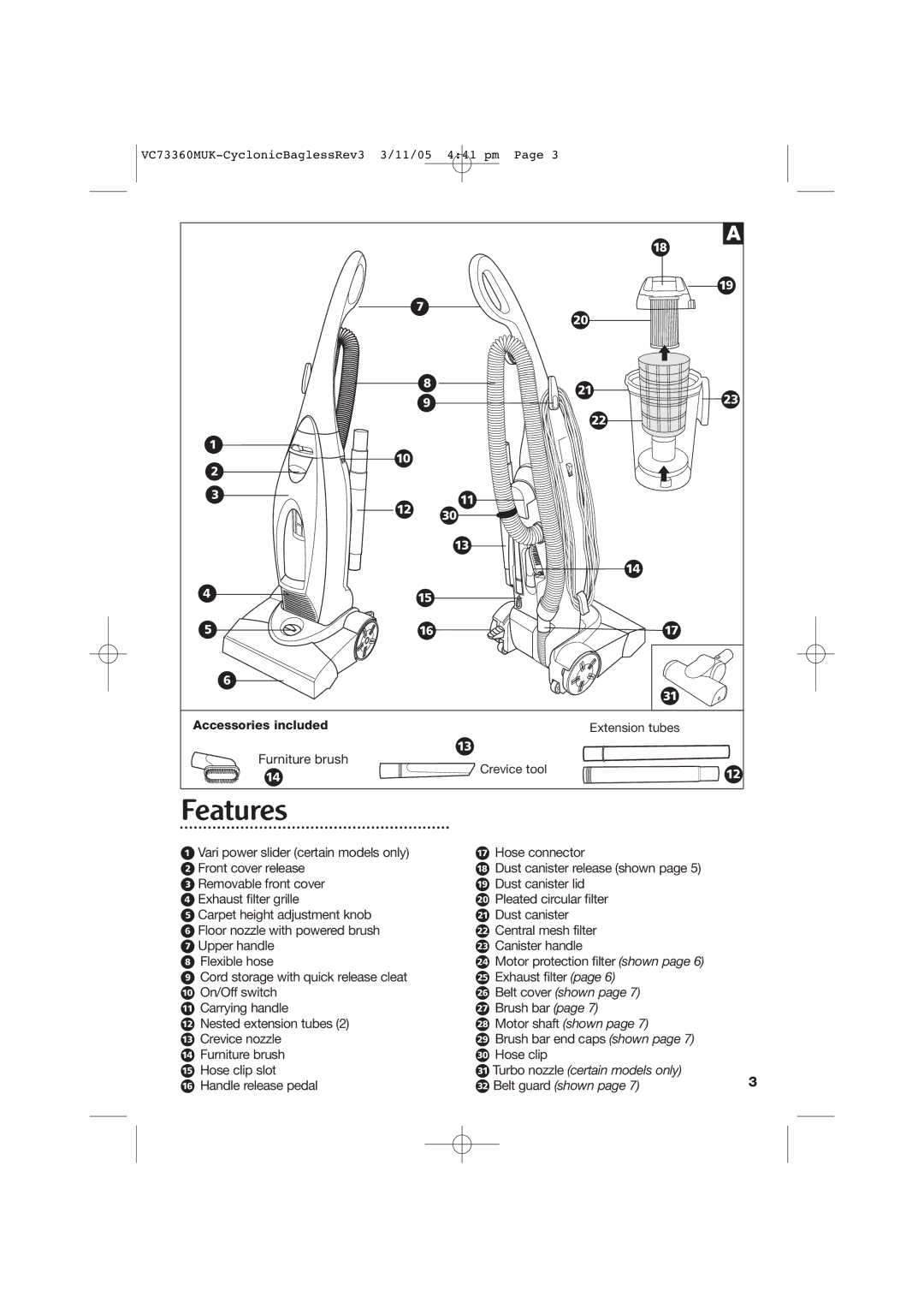 Morphy Richards Bagless Vacuum Cleaner manual Features 