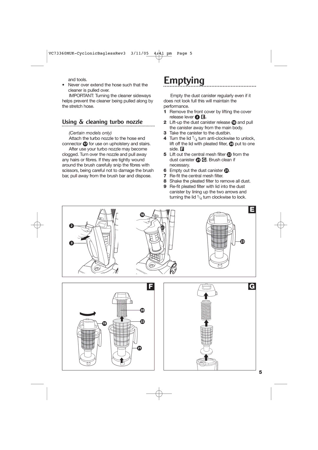 Morphy Richards Bagless Vacuum Cleaner manual Emptying, Using & cleaning turbo nozzle 