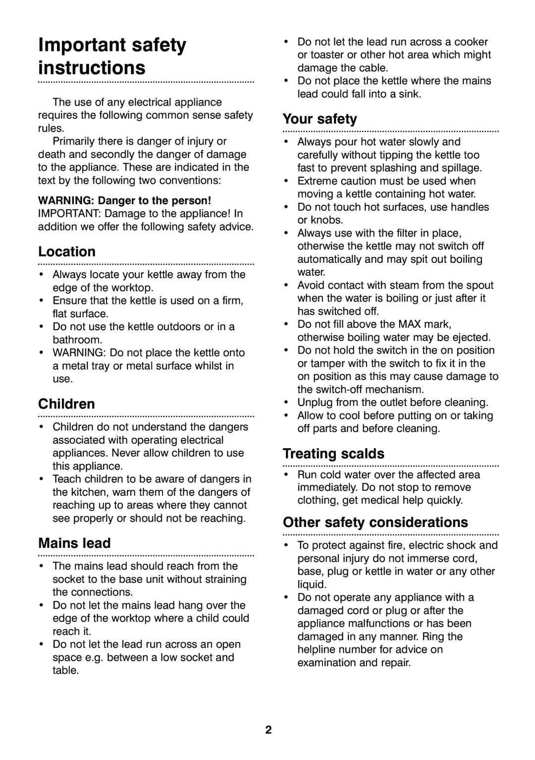 Morphy Richards Beech stainless steel kettle manual Important safety instructions, Location 