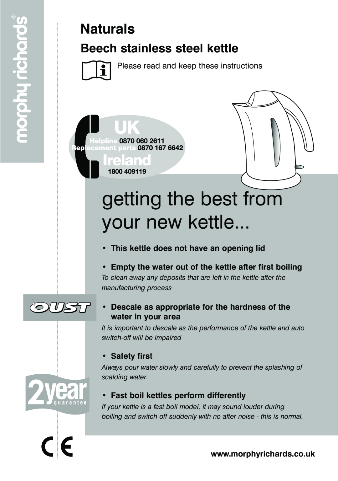 Morphy Richards Beech stainless steel kettle manual getting the best from your new kettle, Naturals 