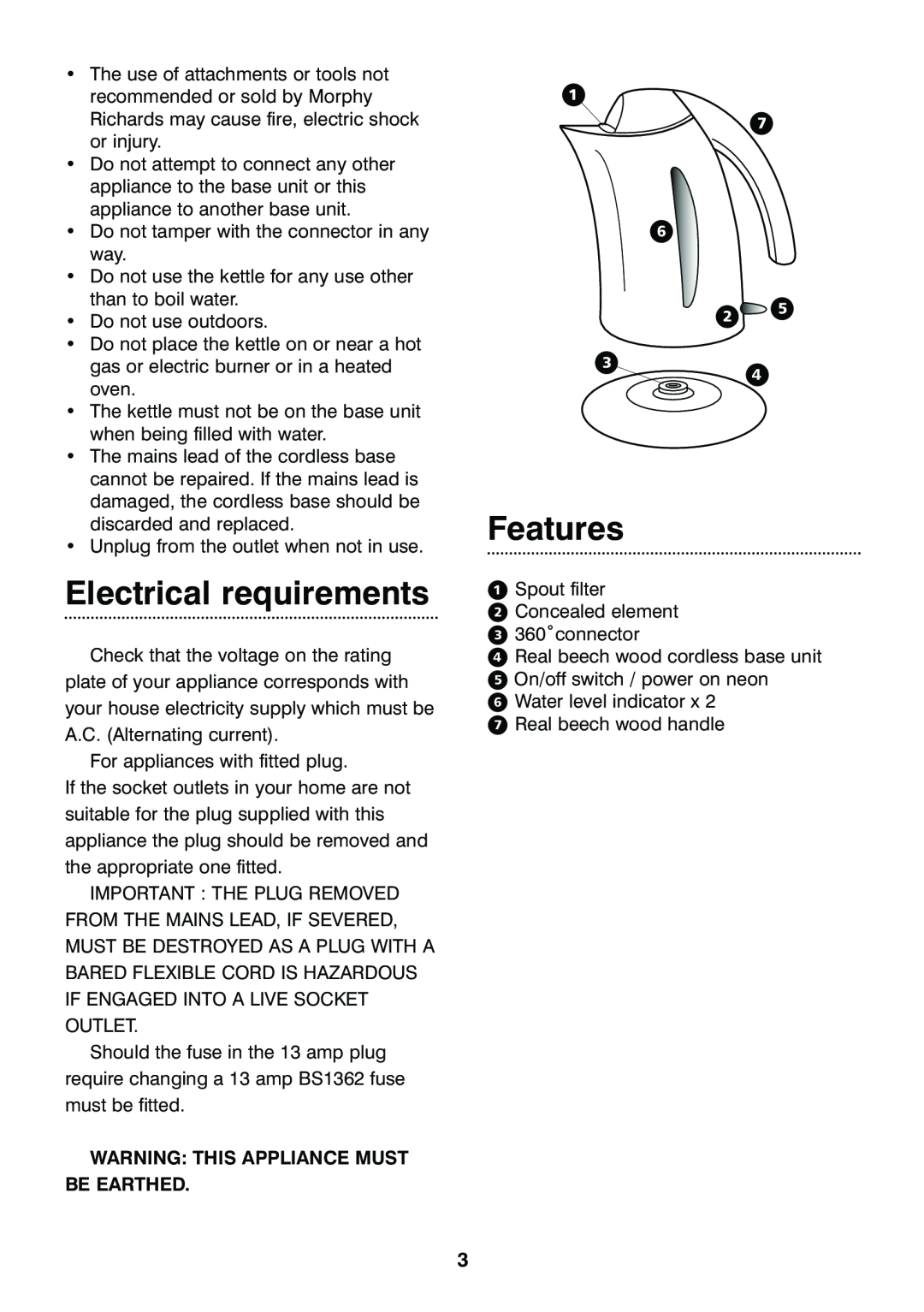 Morphy Richards Beech stainless steel kettle manual Electrical requirements, Features, ⁄ ‡ ﬂ ¤ﬁ ‹ › 