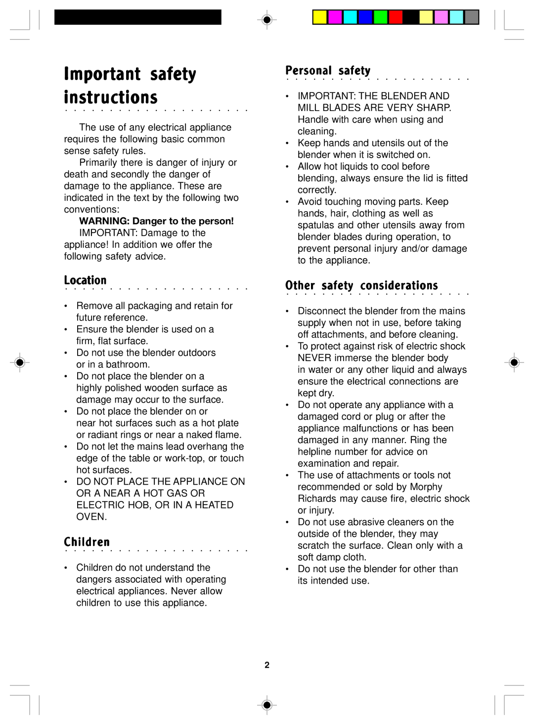 Morphy Richards Blender & mill manual Location, Children, Personal safety, Other safety considerations 