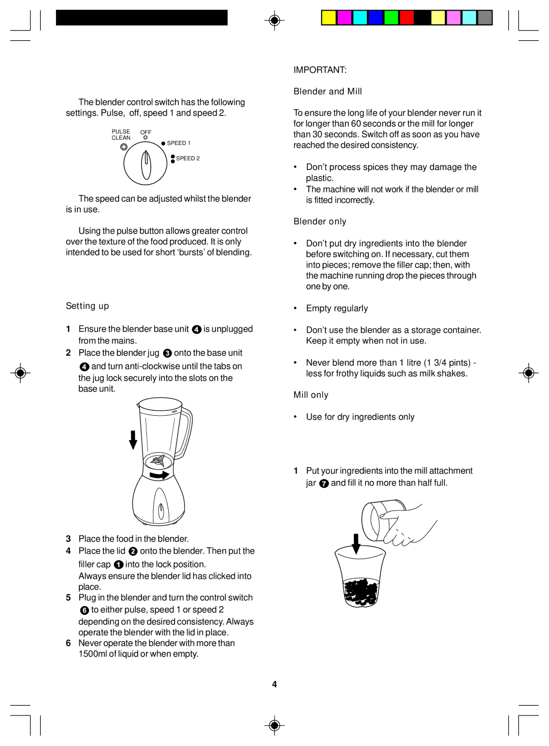 Morphy Richards Blender & mill manual Operating controls, Operating the blender, Operating the mill 