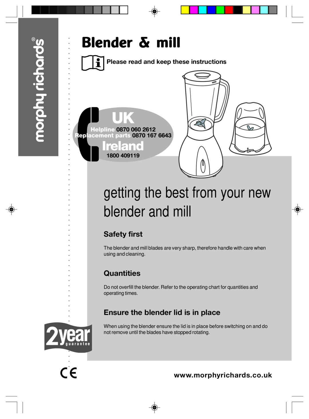 Morphy Richards Blender & mill manual Safety first, Quantities, Ensure the blender lid is in place 