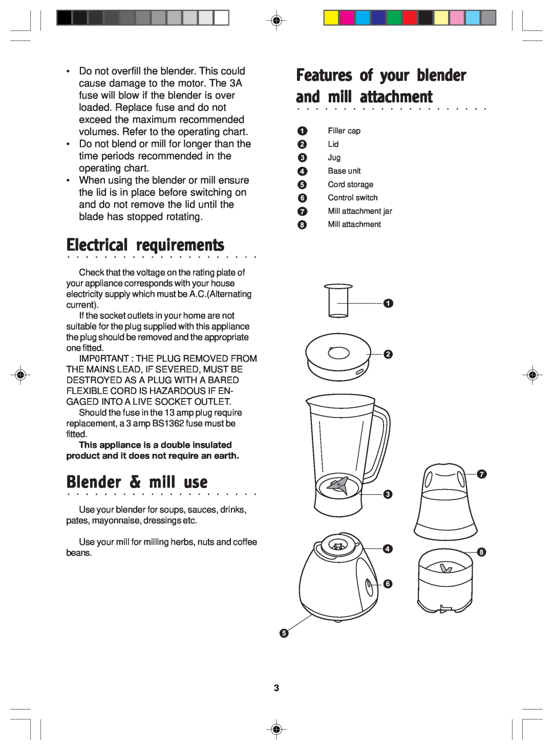 Morphy Richards manual Electrical requirements, Blender & mill use, Features of your blender and mill attachment 