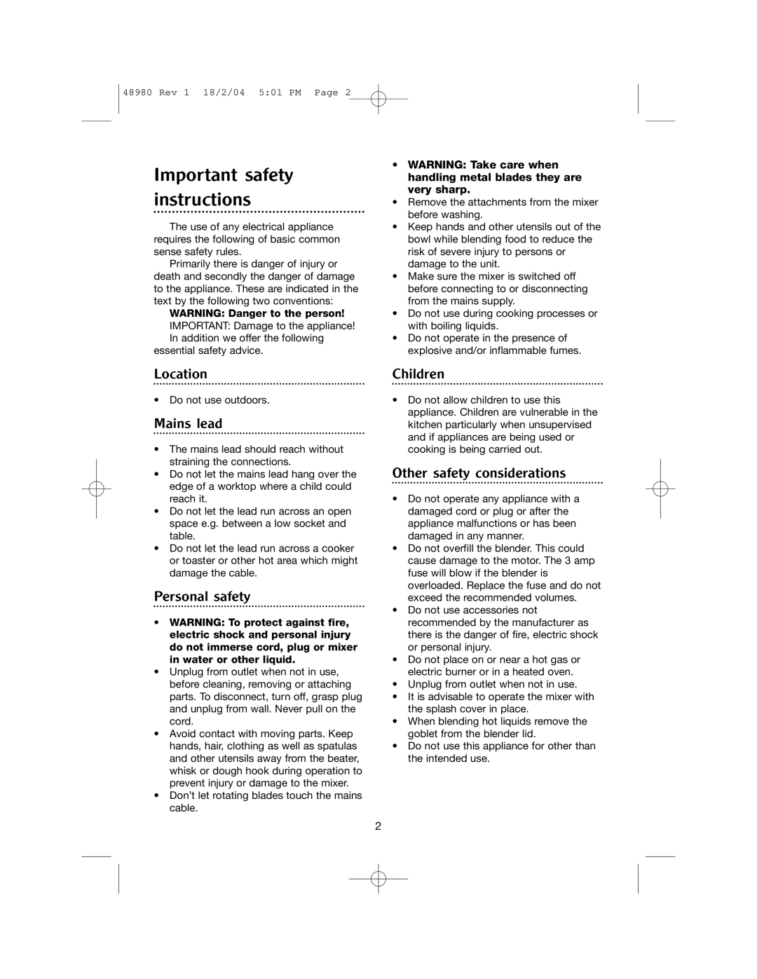 Morphy Richards Blender manual Important safety instructions, Mains lead 