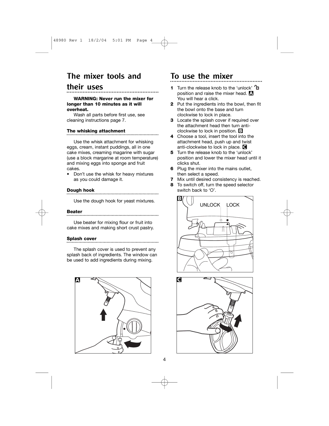 Morphy Richards Blender manual Mixer tools and their uses, To use the mixer, Whisking attachment, Splash cover 