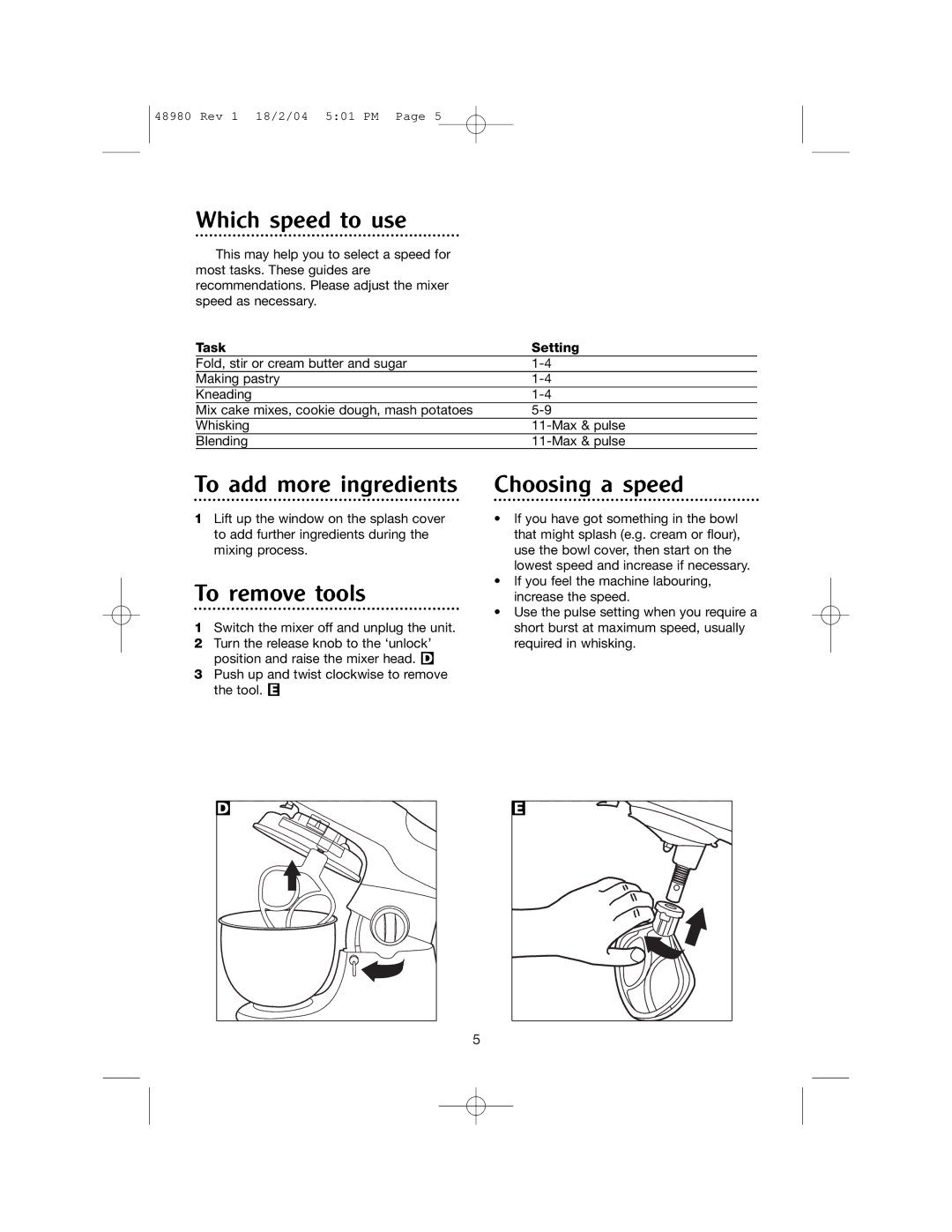 Morphy Richards Blender manual Which speed to use, To add more ingredients, To remove tools, Choosing a speed, Task Setting 