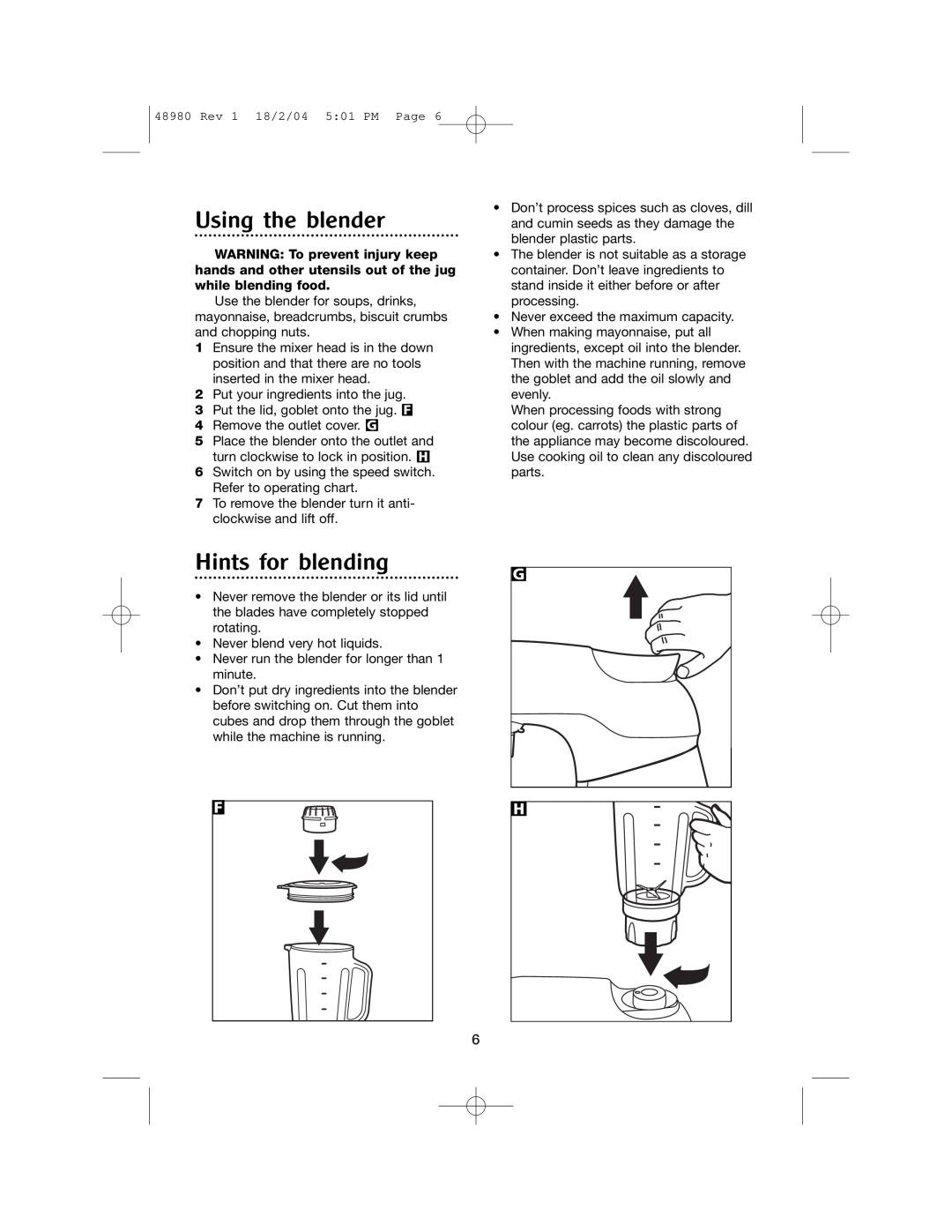 Morphy Richards Blender manual Using the blender, Hints for blending 