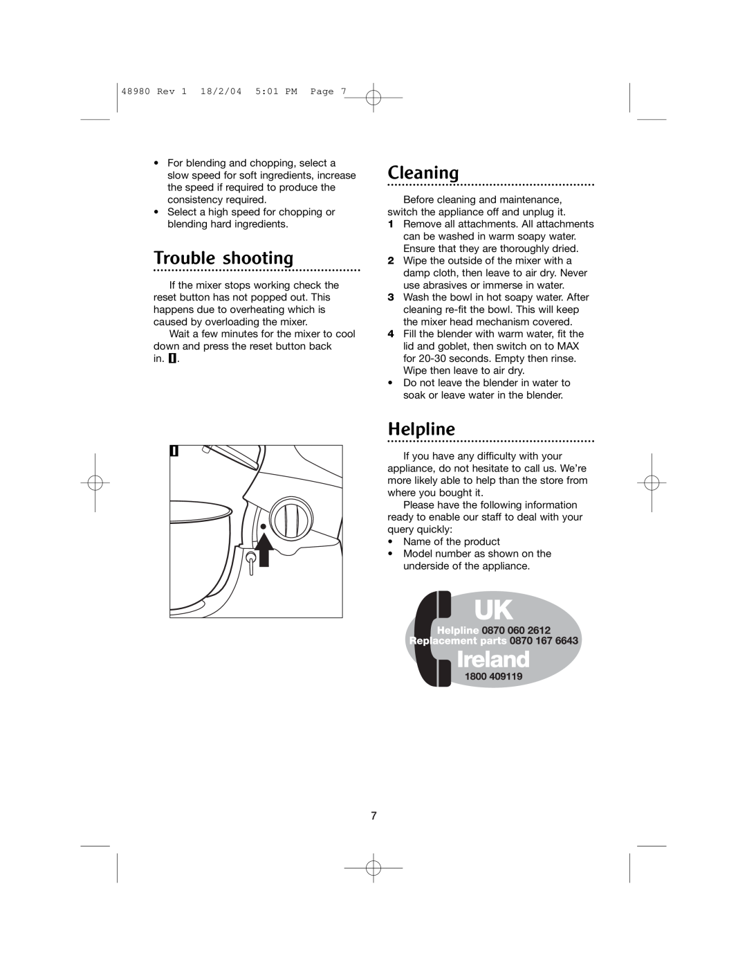 Morphy Richards Blender manual Trouble shooting, Cleaning, Helpline 