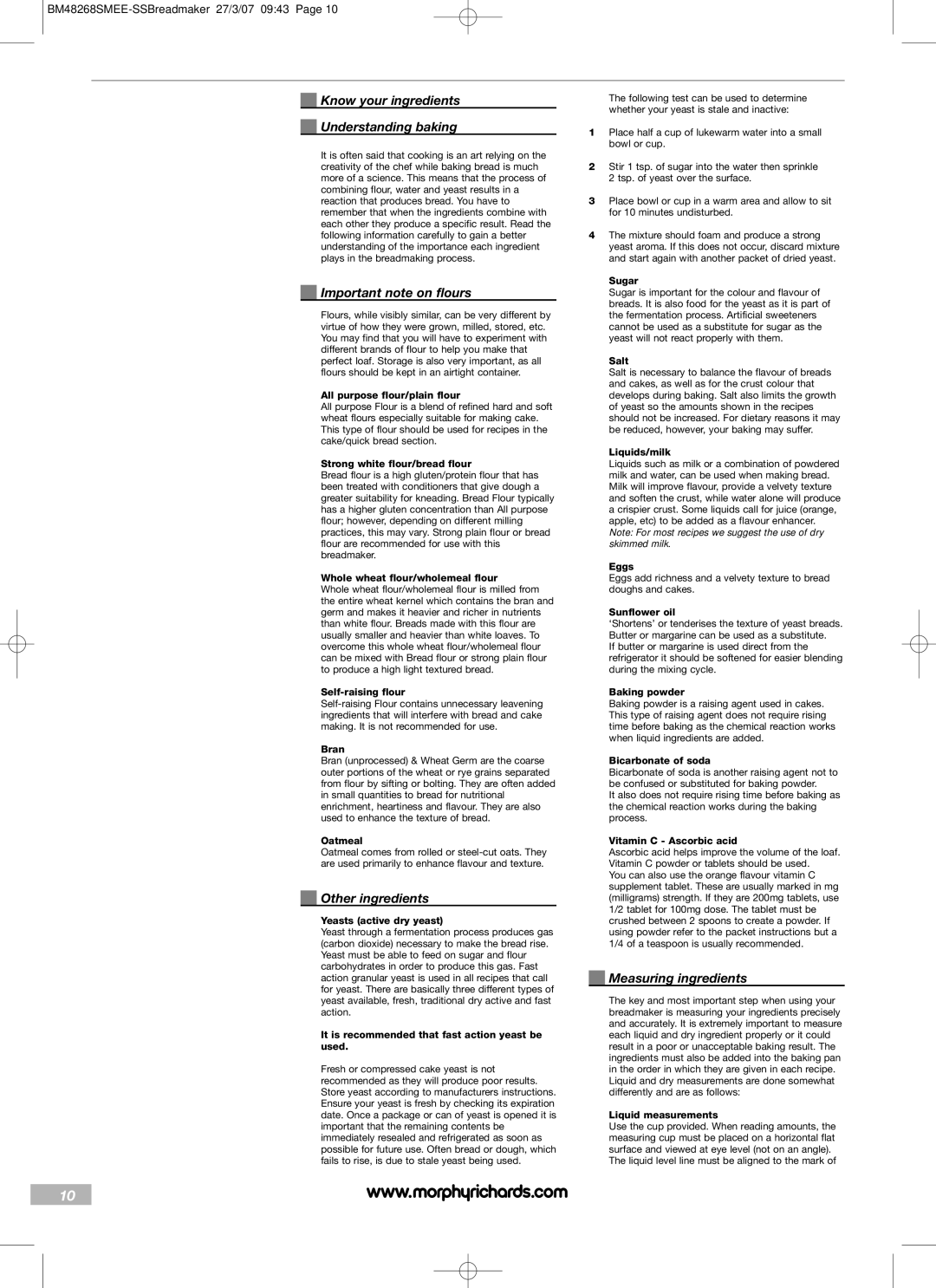 Morphy Richards BM48268SMEE manual Know your ingredients, Understanding baking, Important note on flours, Other ingredients 