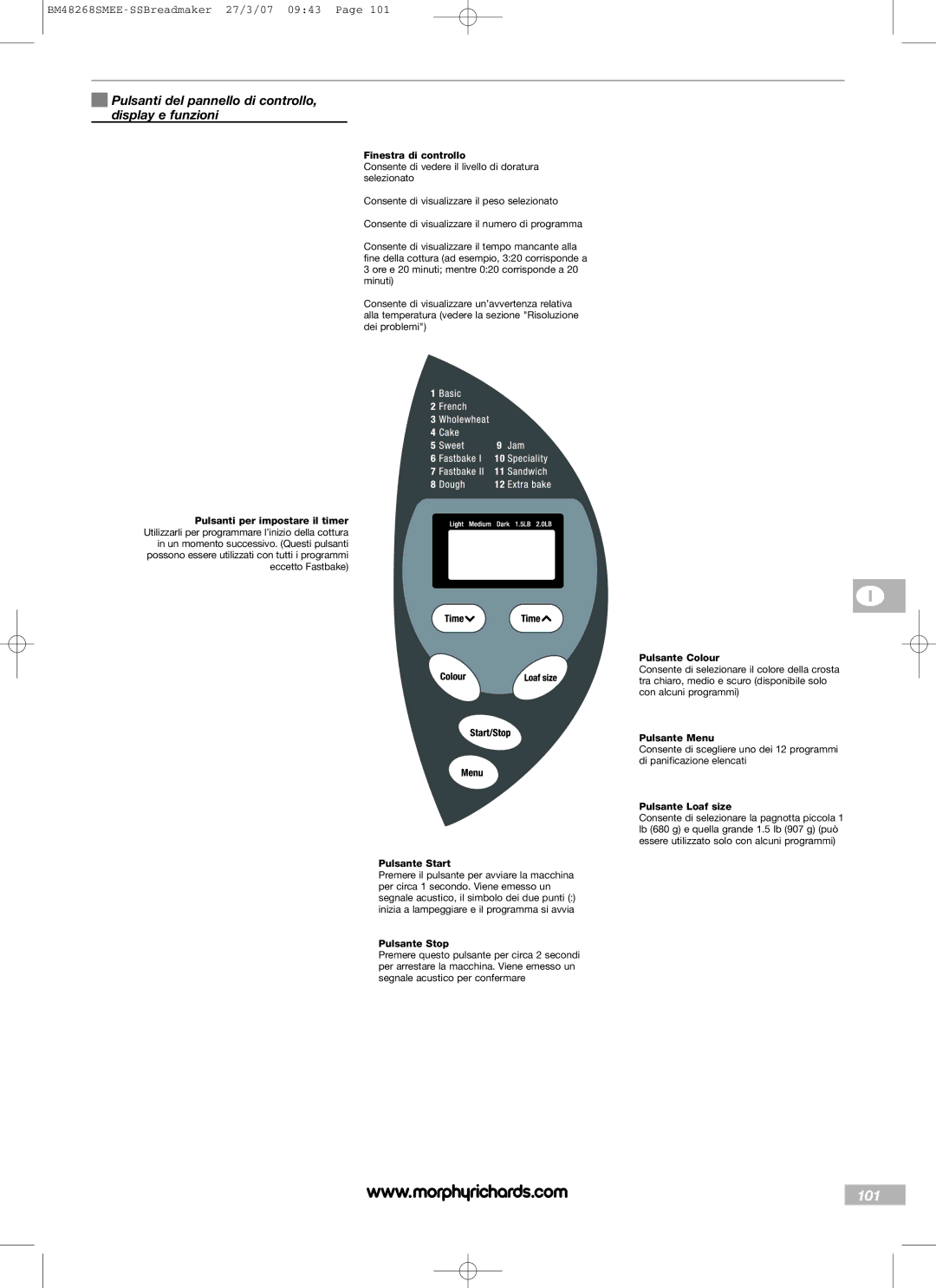 Morphy Richards BM48268SMEE manual 101, Pulsanti del pannello di controllo, display e funzioni 