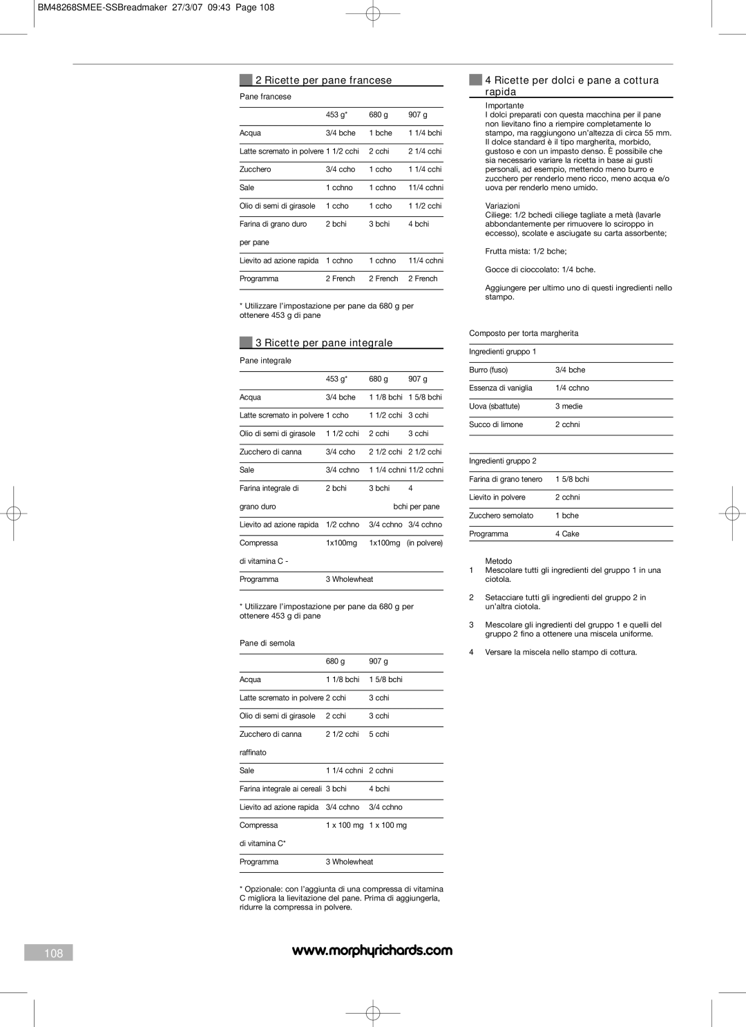 Morphy Richards BM48268SMEE manual 108, Ricette per pane francese, Ricette per pane integrale 