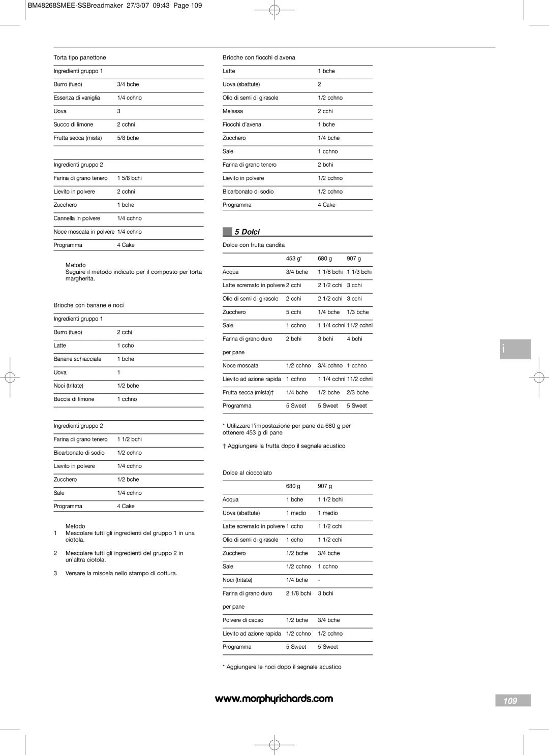 Morphy Richards BM48268SMEE manual 109, Dolci 